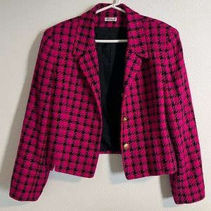 Doncaster 100% Silk Hot Pink Houndstooth Retro Blazer w/ Shoulder Pads